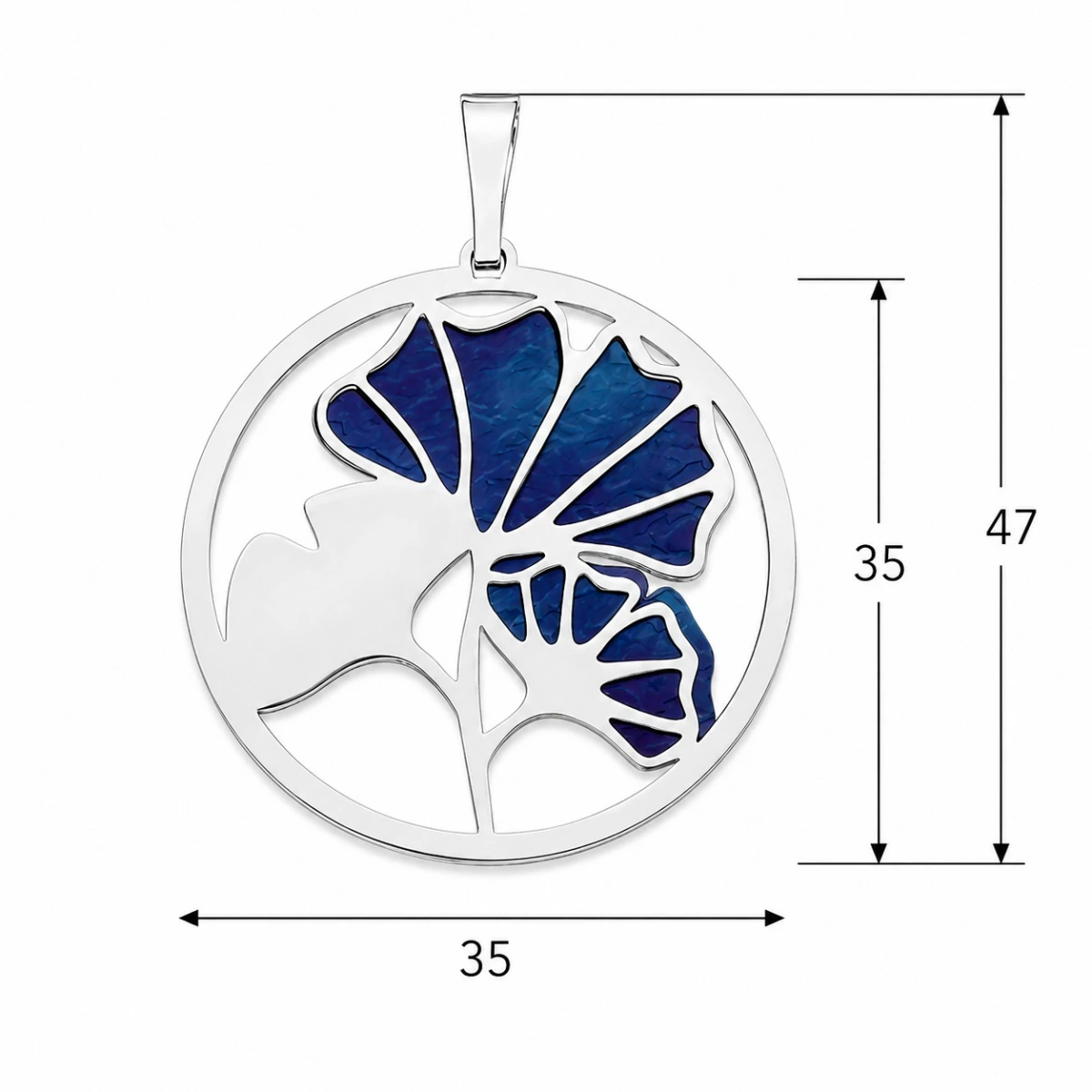anhaenger-silber-925-ginko-lineal Anhänger Silber 925 Ginkgo mit blauem Titan und Ginkgoblatt im runden Rahmen; Silberanhänger mit Ginkgo Motiv