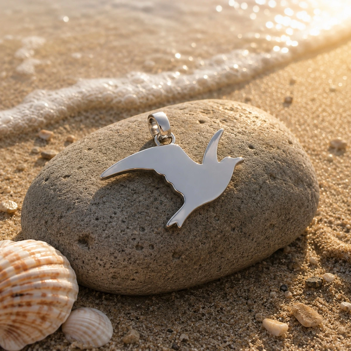 anhaenger-silber-925-schwebende-moewe-meer Anhänger Silber 925 Schwebende Möwe aus rhodiniertem und poliertem Silber; Maritimer Schmuck