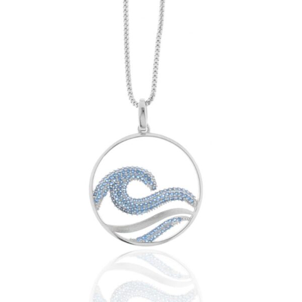 Anhänger aus rhodiniertem Silber mit Wellenmotiv und blauen Zirkonia, Ø 28 mm