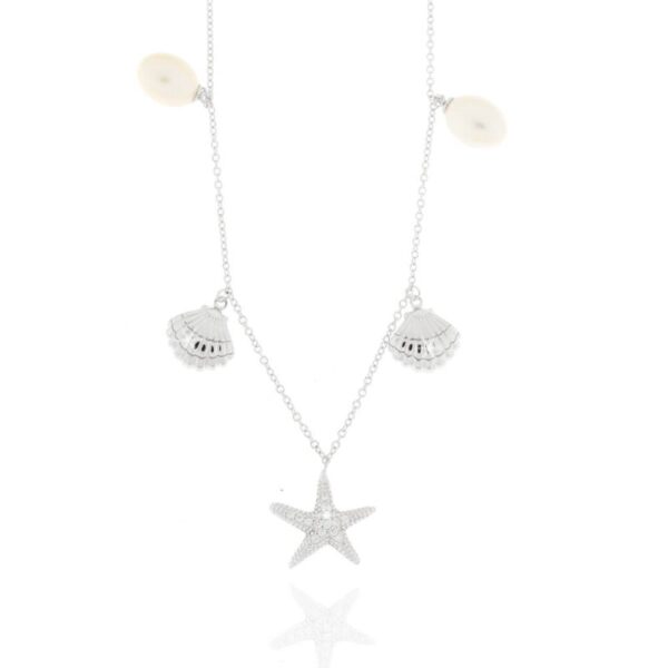 Halskette aus rhodiniertem 925er Silber mit Seestern, Muscheln und Süßwasserperlen – maritimes Design von Usedom Schmuck