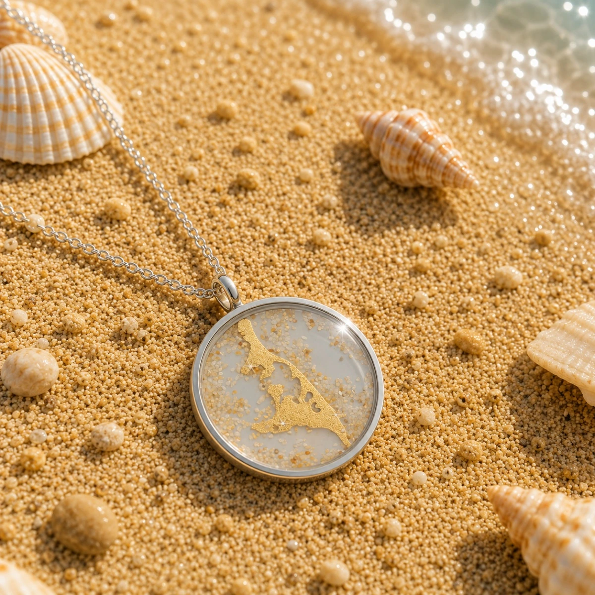 halskette-edelstahl-glas-sand-insel-usedom-strand Runde Halskette Edelstahl mit Sand Insel Usedom, vergoldete Silhouette der Insel im Medaillon mit feinem Ostseesand gefüllt; Medaillon mit echtem Sand aus Usedom; Rundes Medaillon mit Usedom Motiv