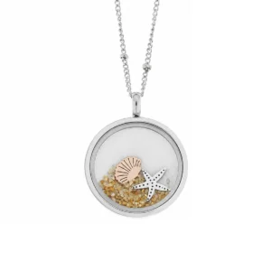Runde Halskette Edelstahl Glas und Sand mit kleinen Muscheln, Seestern und echtem Strandsand im gläsernen Medaillon; Ostsee Schmuck; Gläserner Anhänger mit Sandfüllung
