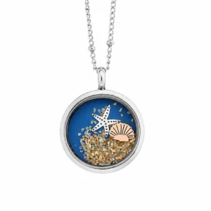 Runde Halskette Edelstahl Glas und Sand mit Muscheln, Seestern und blauem Hintergrund-Element im gläsernen Medaillon; Gläserner Anhänger mit Sandfüllung; eleganter Ostsee Schmuck