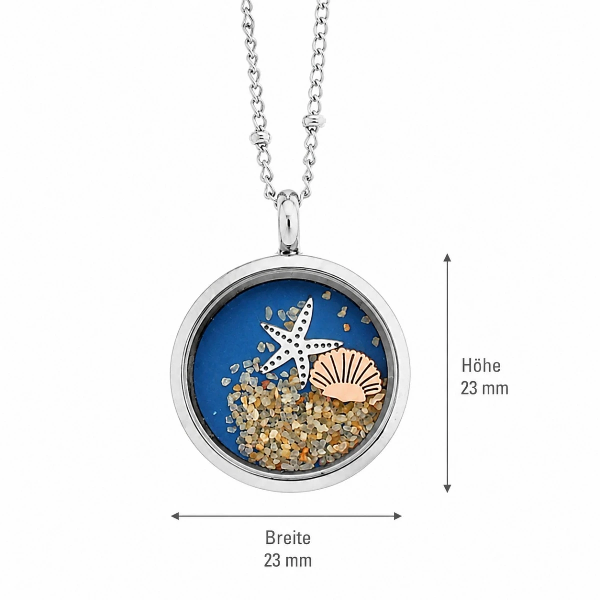 halskette-edelstahl-glas-sand-seestern-muschel-blau-lineal Runde Halskette Edelstahl Glas und Sand mit Muscheln, Seestern und blauem Hintergrund-Element im gläsernen Medaillon; Gläserner Anhänger mit Sandfüllung; eleganter Ostsee Schmuck