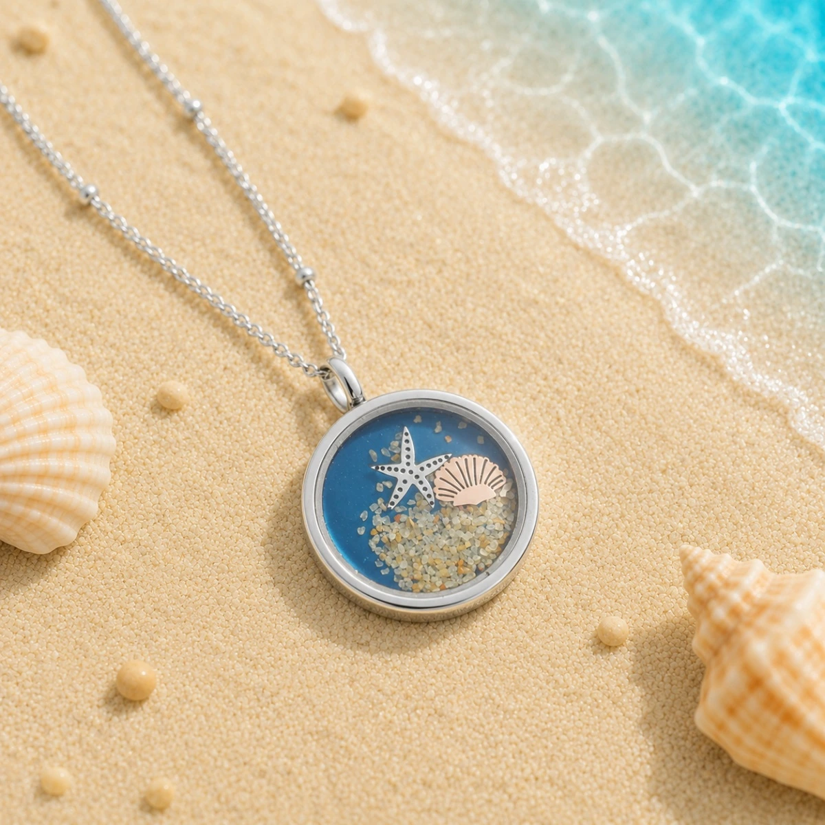 halskette-edelstahl-glas-sand-seestern-muschel-blau-meer Runde Halskette Edelstahl Glas und Sand mit Muscheln, Seestern und blauem Hintergrund-Element im gläsernen Medaillon; Gläserner Anhänger mit Sandfüllung; eleganter Ostsee Schmuck
