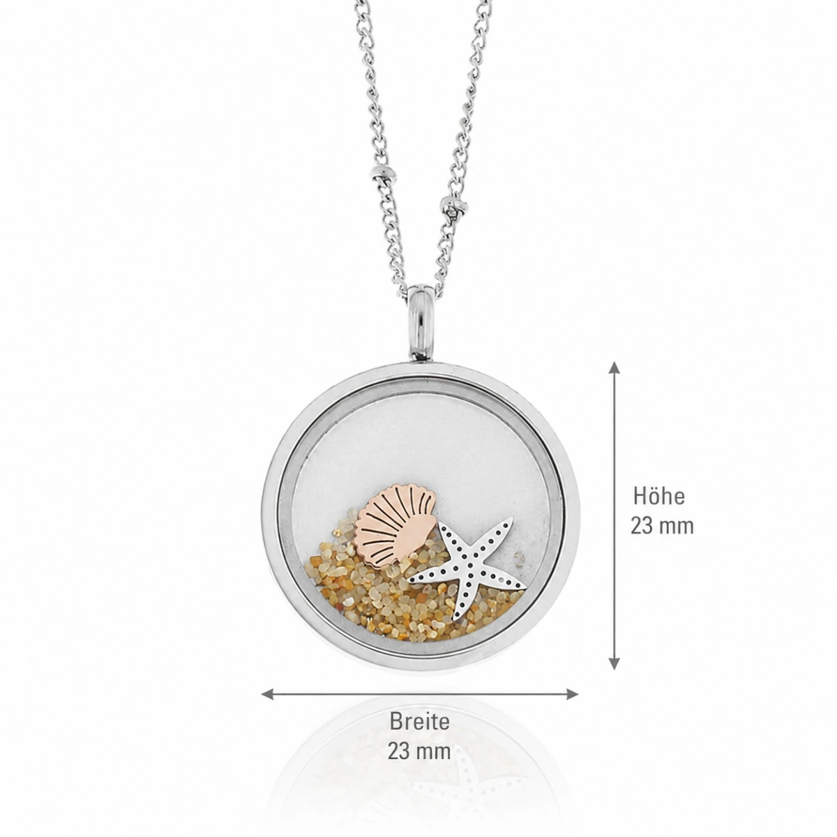 halskette-edelstahl-glas-sand-seestern-muschel-lineal Runde Halskette Edelstahl Glas und Sand mit kleinen Muscheln, Seestern und echtem Strandsand im gläsernen Medaillon; Ostsee Schmuck; Gläserner Anhänger mit Sandfüllung