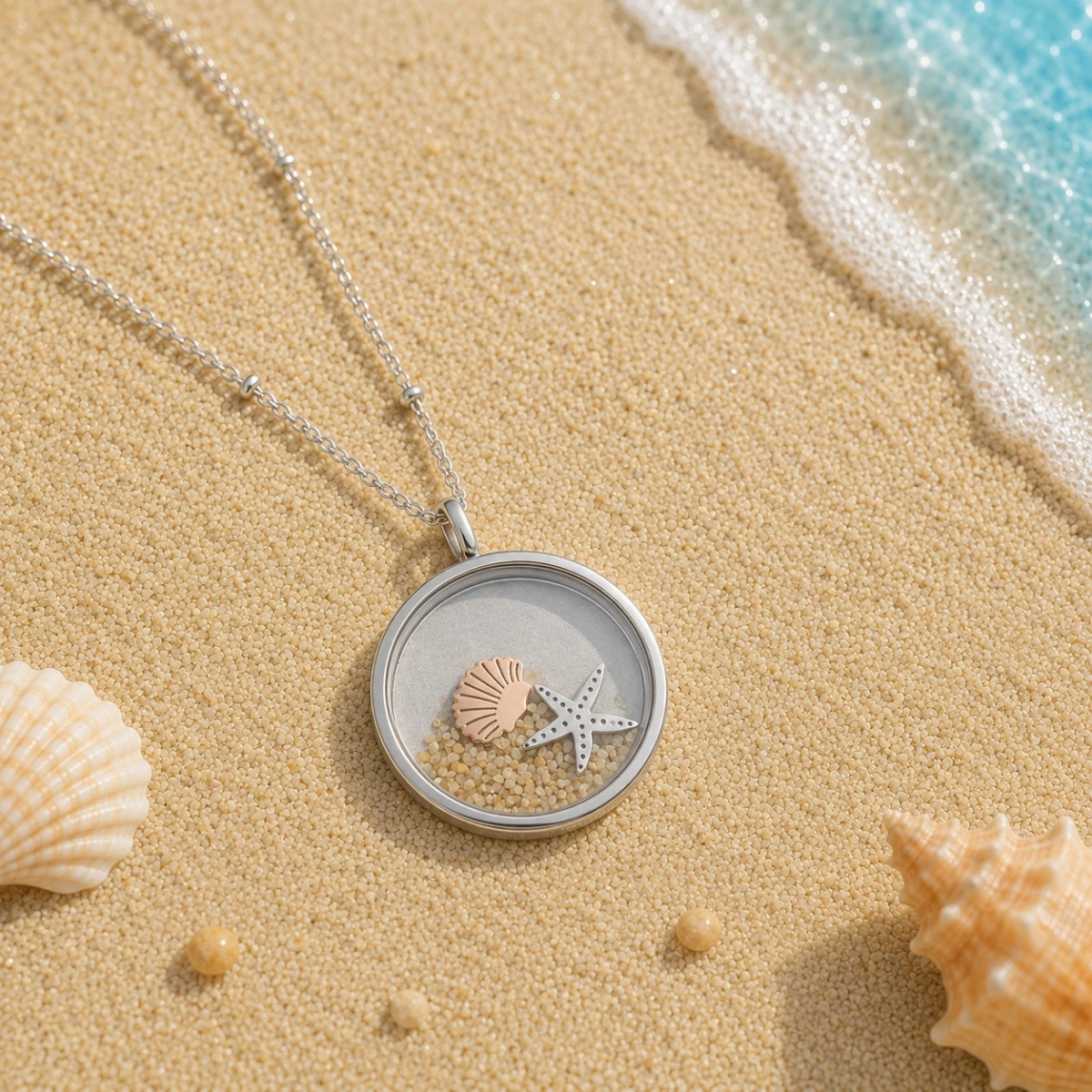 halskette-edelstahl-glas-sand-seestern-muschel-meer Runde Halskette Edelstahl Glas und Sand mit kleinen Muscheln, Seestern und echtem Strandsand im gläsernen Medaillon; Ostsee Schmuck; Gläserner Anhänger mit Sandfüllung
