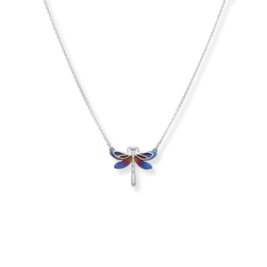 Halskette Silber Libelle Blau mit stilisiertem Libellenanhänger und blauen Titanflügeln