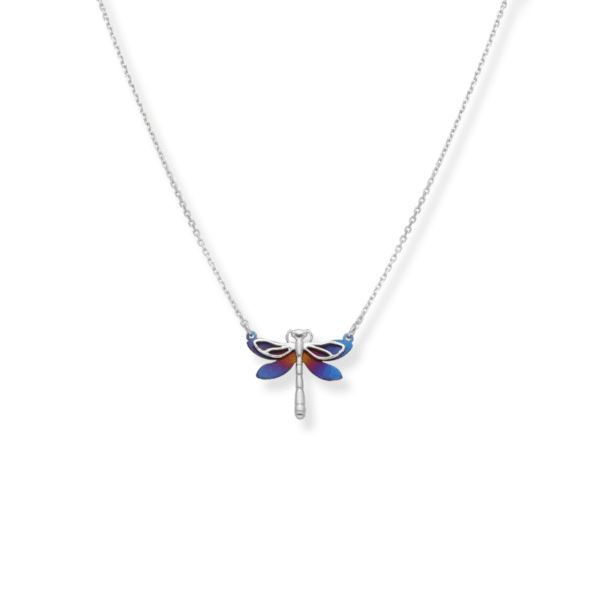 Halskette Silber Libelle Blau mit stilisiertem Libellenanhänger und blauen Titanflügeln
