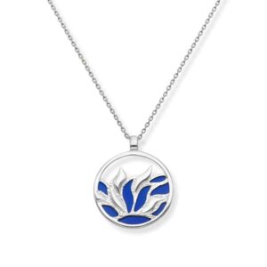 Halskette Silber Lotos Blau mit rundem Anhänger und stilisiertem Lotus aus Silber und Titan