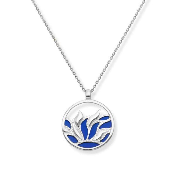 Halskette Silber Lotos Blau mit rundem Anhänger und stilisiertem Lotus aus Silber und Titan
