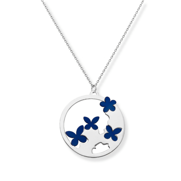 Halskette Silber Sommerwiese Blau mit Blumen und Schmetterlingen in Titanblau auf rundem Silberanhänger