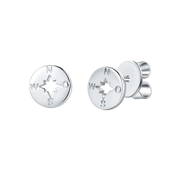 Rhodinierte Ohrstecker aus 925er Silber mit Windrose-Kompassdesign und Himmelsrichtungsgravur.