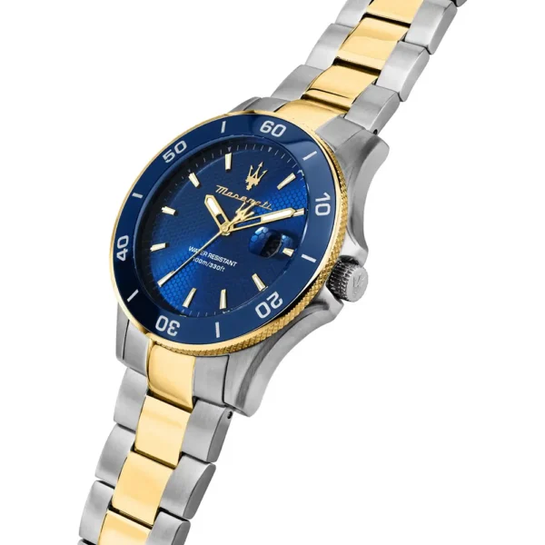 Maserati COMPETIZIONE R8873600007 Herrenuhr – limitierte 43 mm Edelstahl-Uhr in Blau-Gold mit Datum und Geschenkbox mit Armband