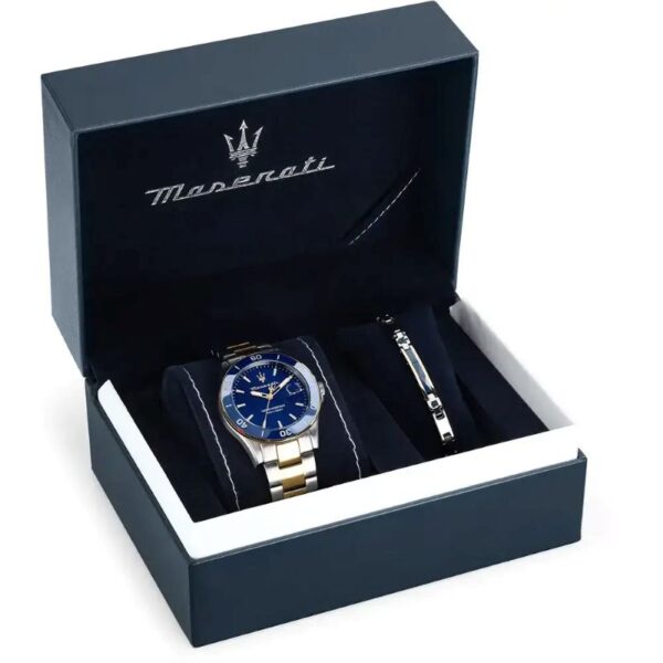 Maserati COMPETIZIONE R8873600007 Herrenuhr – limitierte 43 mm Edelstahl-Uhr in Blau-Gold mit Datum und Geschenkbox mit Armband