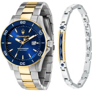 Maserati COMPETIZIONE R8873600007 Herrenuhr – limitierte 43 mm Edelstahl-Uhr in Blau-Gold mit Datum und Geschenkbox mit Armband