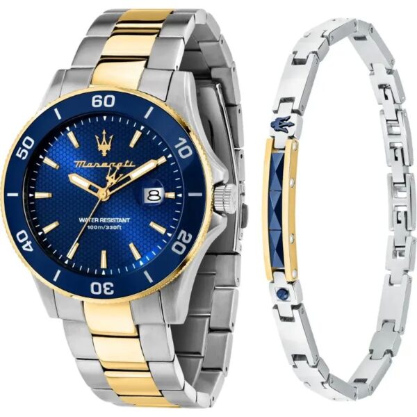 Maserati COMPETIZIONE R8873600007 Herrenuhr – limitierte 43 mm Edelstahl-Uhr in Blau-Gold mit Datum und Geschenkbox mit Armband