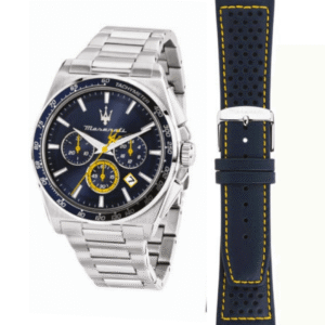 Maserati Velocita R8873652001 Herrenuhr – Chronograph 43 mm mit Edelstahl- & Lederarmband im limitierten Geschenkset