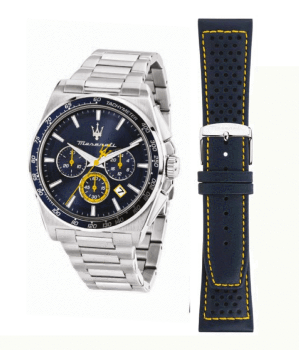 Maserati Velocita R8873652001 Herrenuhr – Chronograph 43 mm mit Edelstahl- & Lederarmband im limitierten Geschenkset