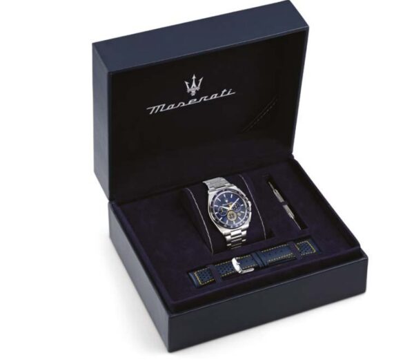 Maserati Velocita R8873652001 Herrenuhr – Chronograph 43 mm mit Edelstahl- & Lederarmband im limitierten Geschenkset
