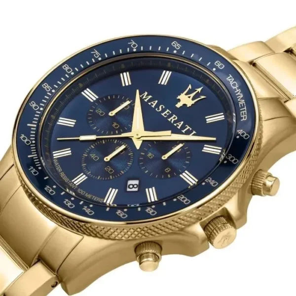 Maserati SFIDA R8873640008 Herrenuhr – 44 mm Chronograph in Gelbgold mit Edelstahlarmband und Stoppfunktion