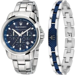 Maserati Successo R8851121016 Herrenuhr – 44 mm Chronograph in Blau mit Edelstahlband und zusätzlichem Armband im Geschenkset