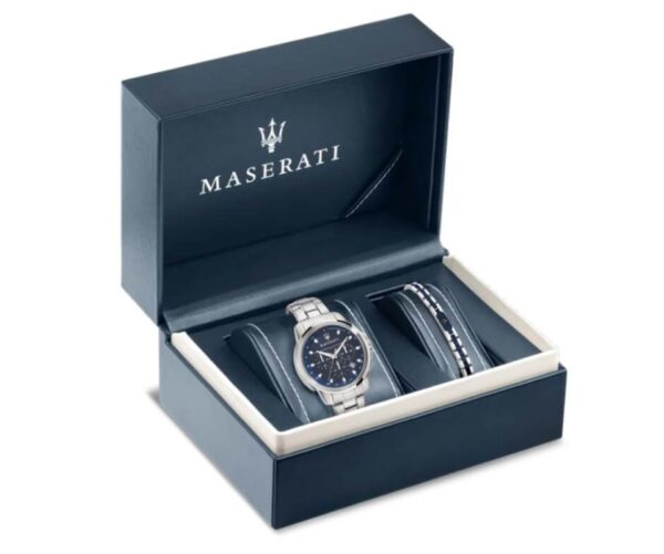 Maserati Successo R8851121016 Herrenuhr – 44 mm Chronograph in Blau mit Edelstahlband und zusätzlichem Armband im Geschenkset