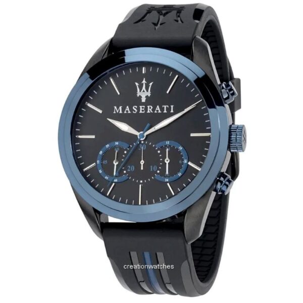 Maserati TRAGUARDO R8871612006 Herrenuhr – Chronograph mit schwarzem PU-Band, blauer Lünette und 45 mm IP-Gehäuse