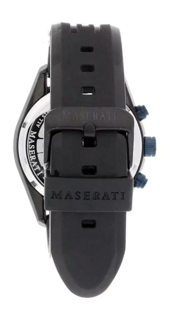 Maserati TRAGUARDO R8871612006 Herrenuhr – Chronograph mit schwarzem PU-Band, blauer Lünette und 45 mm IP-Gehäuse