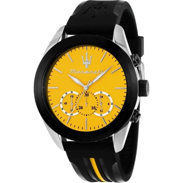 Maserati TRAGUARDO R8871612045 Herrenuhr – gelber Chronograph mit Silikonarmband und schwarzer IP-Lünette, 45 mm
