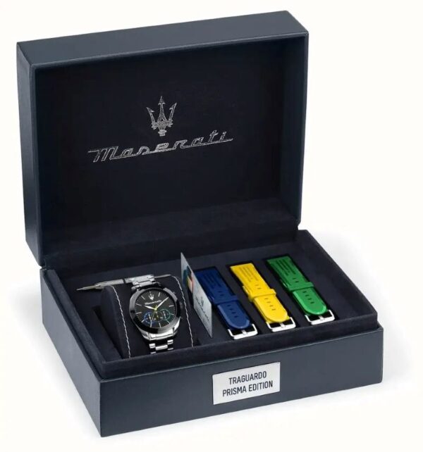 Maserati Traguardo R8873612061 Chronograph Herrenuhr – Edelstahlgehäuse, schwarze Lünette, Set mit bunten Wechselarmbändern