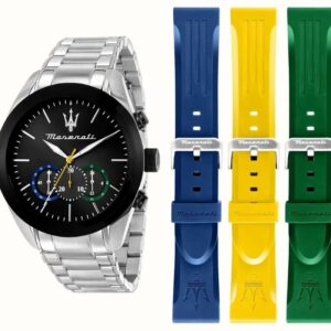 Maserati Traguardo R8873612061 Chronograph Herrenuhr – Edelstahlgehäuse, schwarze Lünette, Set mit bunten Wechselarmbändern