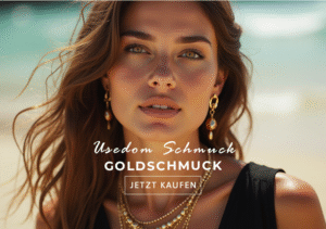 Frau mit elegantem Goldschmuck (Ohrringe und Ketten) von Usedom Schmuck am Strand, mit Werbetext „Goldschmuck – Jetzt kaufen“.