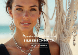 Frau mit auffälligem Silberschmuck (Ohrringe und Halsketten) von Usedom Schmuck am Strand, mit Werbetext „Silberschmuck – Jetzt kaufen“.