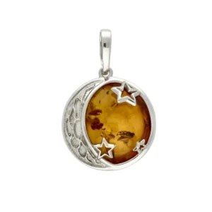 Eleganter Anhänger Silber 925 Bernstein Mond und Sterne mit Cognac-Bernstein und Mond-Sternenmotiv; Bernstein Anhänger Halbmond; Anhänger mit Himmelsmotiv