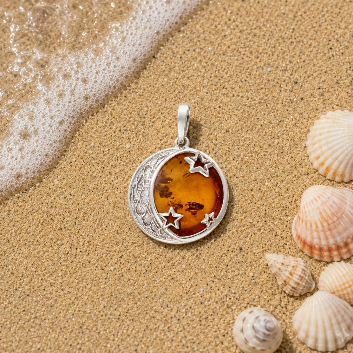 anhaenger-silber-925-bernstein-mond-und-sterne-meer Eleganter Anhänger Silber 925 Bernstein Mond und Sterne mit Cognac-Bernstein und Mond-Sternenmotiv; Bernstein Anhänger Halbmond; Anhänger mit Himmelsmotiv