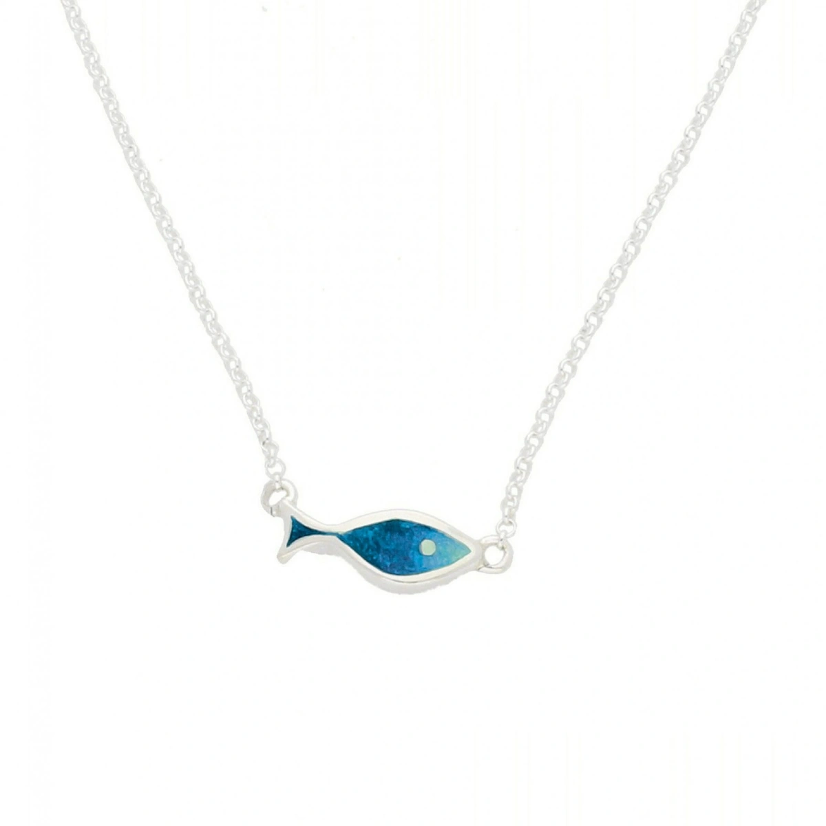 halskette-silber-925-fisch-blau-front Usedom Silber Halskette Fisch - Silberne Fisch‑Halskette mit blauer oder grüner Emaille aus 925er Silber, minimalistisch und maritim
