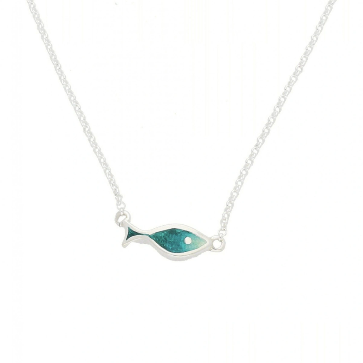 halskette-silber-925-fisch-gruen-front Usedom Silber Halskette Fisch - Silberne Fisch‑Halskette mit blauer oder grüner Emaille aus 925er Silber, minimalistisch und maritim