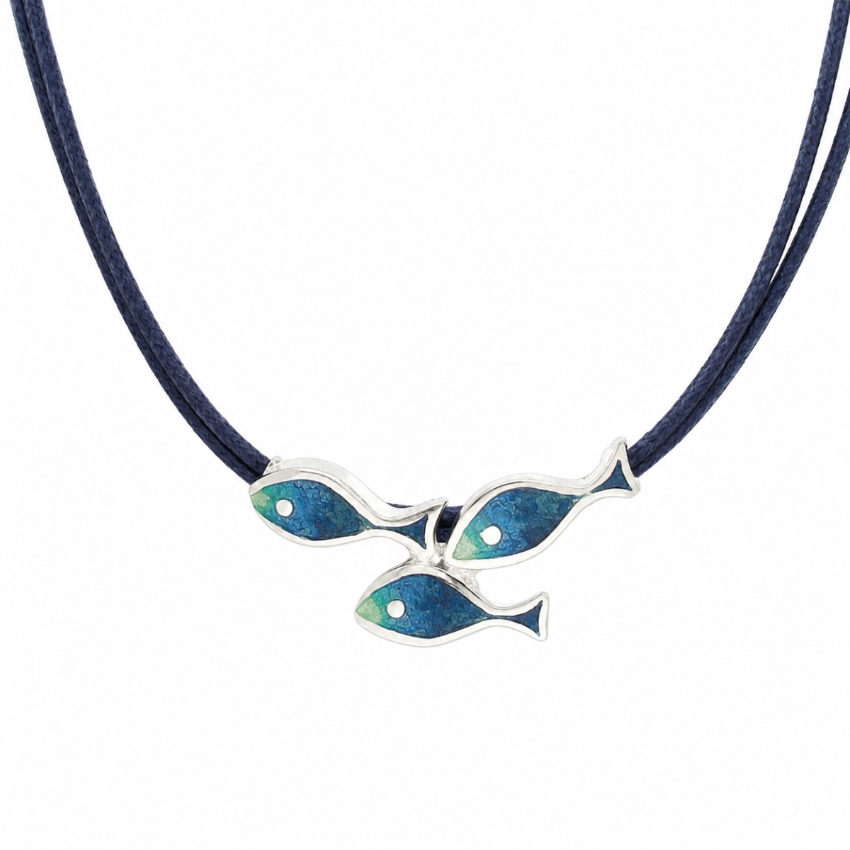 halskette-silber-925-fischschwarm-blau Halskette Silber Fischschwarm - Silberkette mit handgefertigtem blauem Fischschwarm aus Emaille auf Textilkordel.