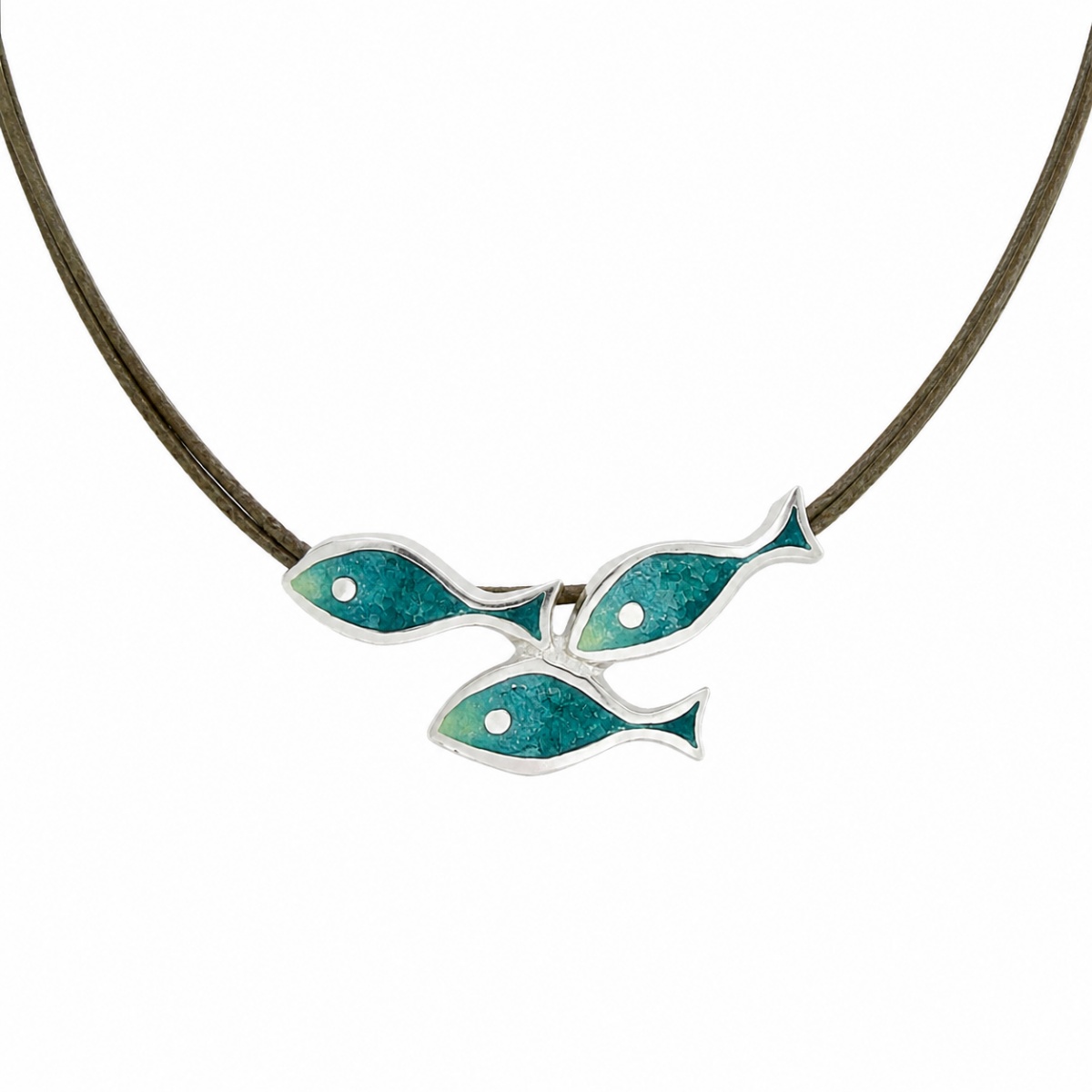 halskette-silber-925-fischschwarm-gruen Halskette Silber Fischschwarm - Silberkette mit handgefertigtem blauem Fischschwarm aus Emaille auf Textilkordel.