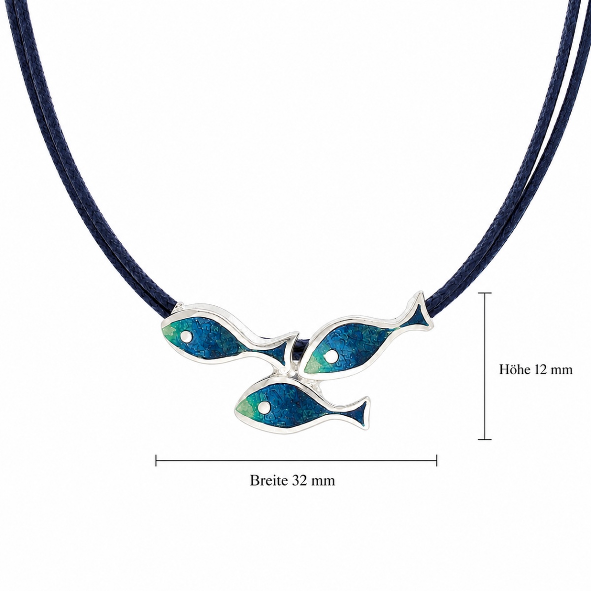 halskette-silber-925-fischschwarm-lineal Halskette Silber Fischschwarm - Silberkette mit handgefertigtem blauem Fischschwarm aus Emaille auf Textilkordel.