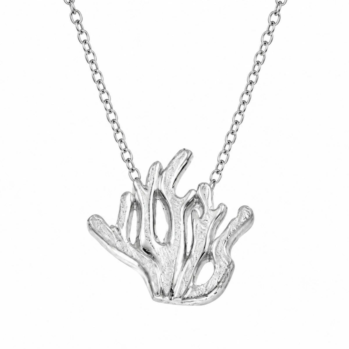 halskette-silber-925-koralle-produktfoto Halskette 925 Silber Koralle, filigraner Riffkorallen-Anhänger aus poliertem Sterlingsilber an feiner silberner Ankerkette; Ostsee Schmuck; Silberkette mit Korallen-Motiv
