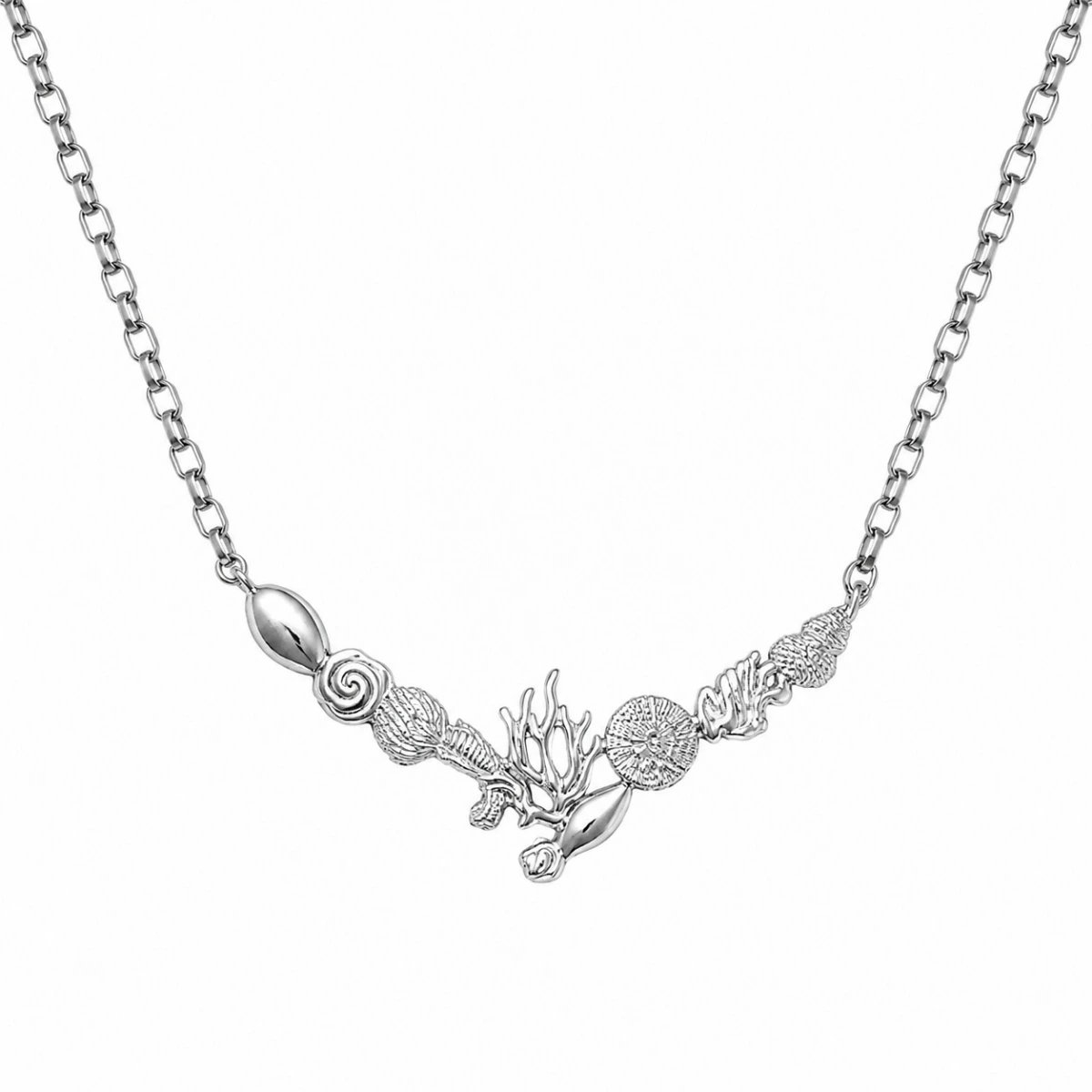 halskette-silber-925-meeresleben-front Halskette Silber 925 „Meeresleben“ mit Ostsee-Motiven, großer halbrunder Bogen-Anhänger aus Silber mit Seesternen, Muscheln und Korallen an Rolo-Kette; Silber Anhänger-Bogen im maritimen Design; Maritimer Silberschmuck