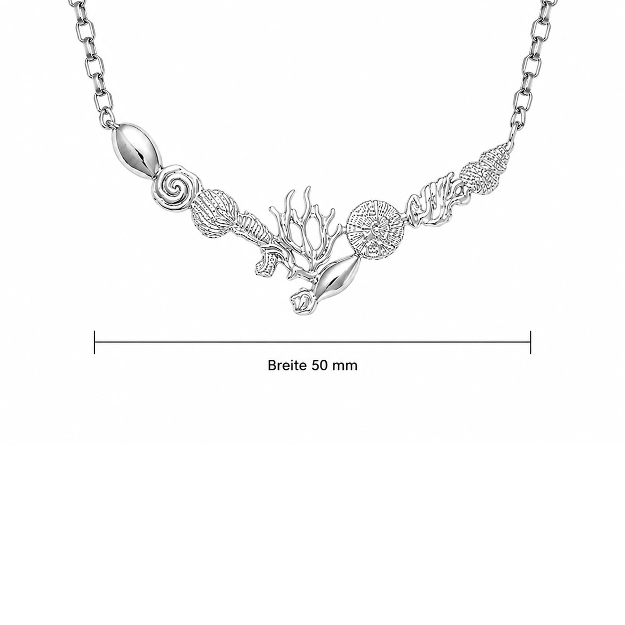 halskette-silber-925-meeresleben-lineal Halskette Silber 925 „Meeresleben“ mit Ostsee-Motiven, großer halbrunder Bogen-Anhänger aus Silber mit Seesternen, Muscheln und Korallen an Rolo-Kette; Silber Anhänger-Bogen im maritimen Design; Maritimer Silberschmuck