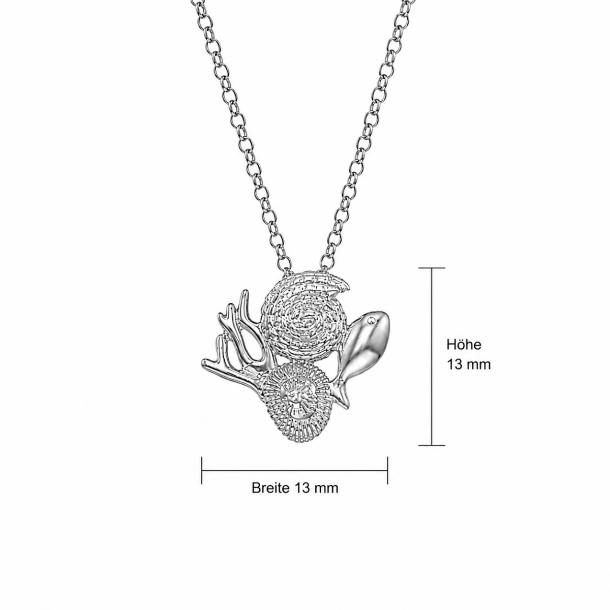 halskette-silber-925-meeresleben-muschel-fisch-koralle-lineal Halskette Silber 925 Meeresleben, maritimer Anhänger mit kleiner Spiral-Muschel, stilisierter Fisch-Form und Koralle an silberner Rolo-Kette; Schmuck mit Ostsee Motiven, maritime Silberkette