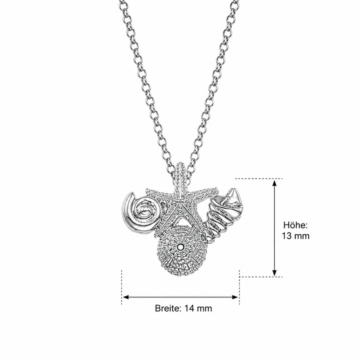 halskette-silber-925-meeresleben-seestern-muschel-koralle-lineal Halskette Silber 925 Meeresleben, maritimer Anhänger mit detailliertem Seestern, kleiner Muschel und Koralle an einer feinen silbernen Rolo-Kette; Silberkette mit maritimem Anhänger