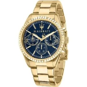 Maserati COMPETIZIONE Herrenarmbanduhr mit 43 mm Gehäuse, Multifunktion, blauem Zifferblatt und goldfarbenem Edelstahlarmband