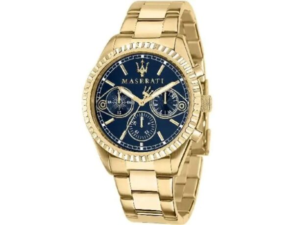 Maserati COMPETIZIONE Herrenarmbanduhr mit 43 mm Gehäuse, Multifunktion, blauem Zifferblatt und goldfarbenem Edelstahlarmband