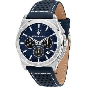 Maserati VELOCITÀ R8871652001 Herrenuhr 43mm blau mit Lederarmband und Chronograph