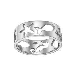 Meeresleben Ring 925 Silber Rhodiniert aus der Kollektion Meeresleben – maritimer Silberring mit Seestern, Fisch und Seepferdchen